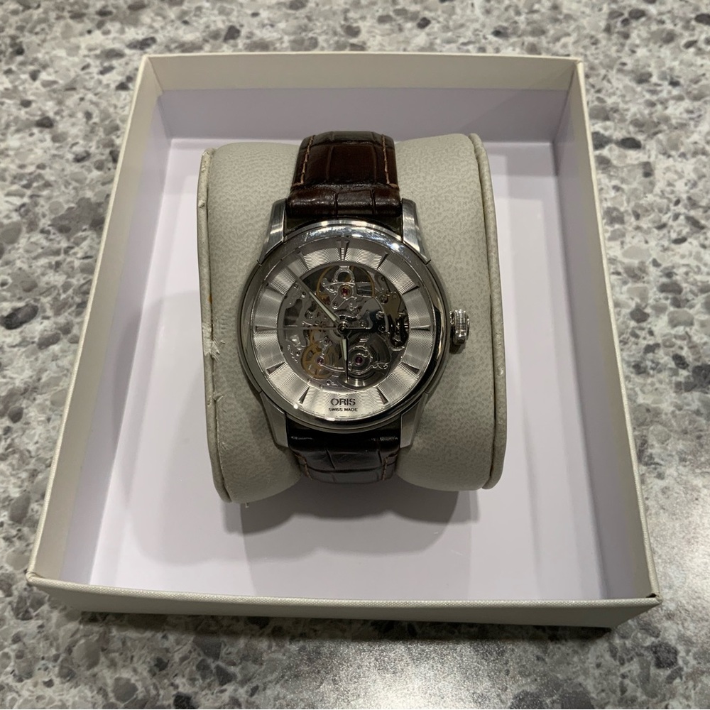 Oris Silver Skeleton Watch with Brown Strap